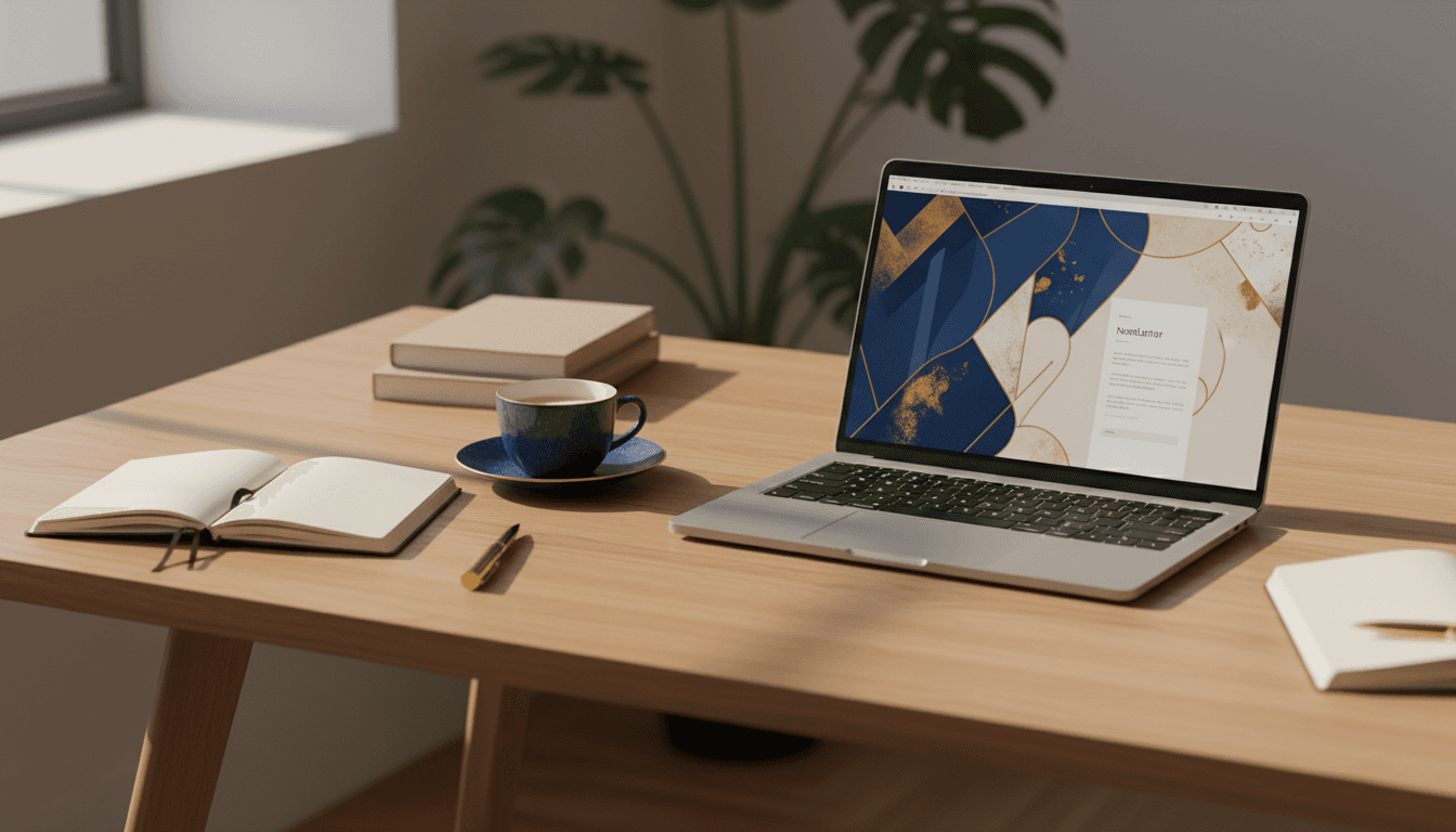 Designer workspace with laptop showing luxury newsletter template