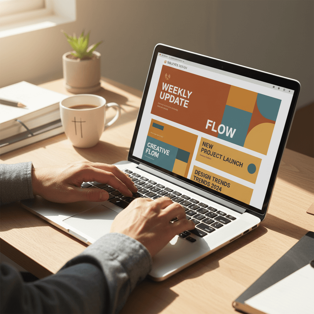 Designer creating newsletter content on laptop