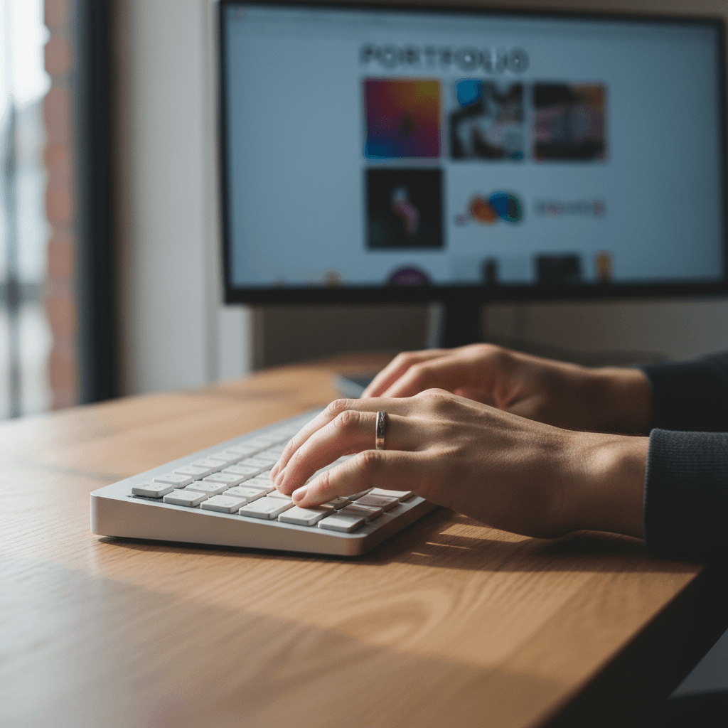 Newsletter designer reviewing content on dual monitors