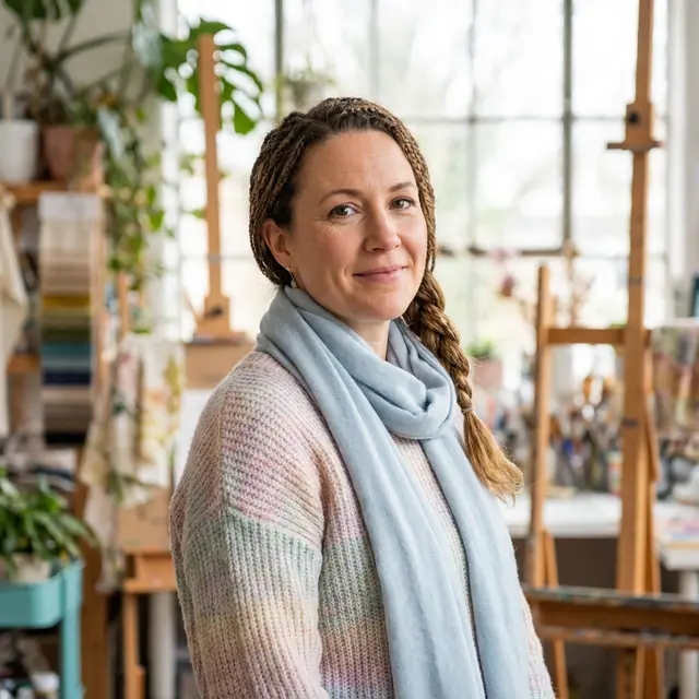 Smiling woman with braided hair and a blue scarf in a bright art studio.
